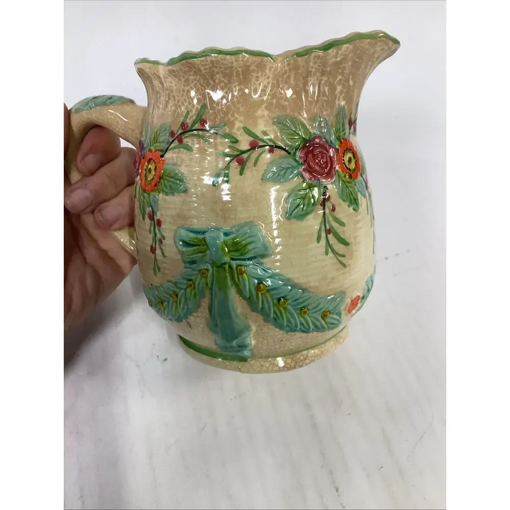 Vintage Majolica Colorful Floral Milk Pitcher - 5.5”H